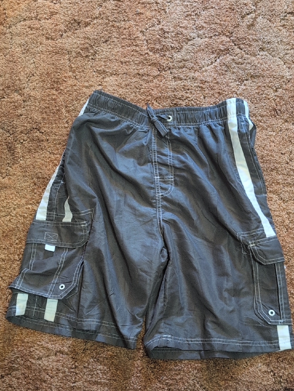 Men's Gray Swim Trunks with White Side Stripes Size L Worn Once